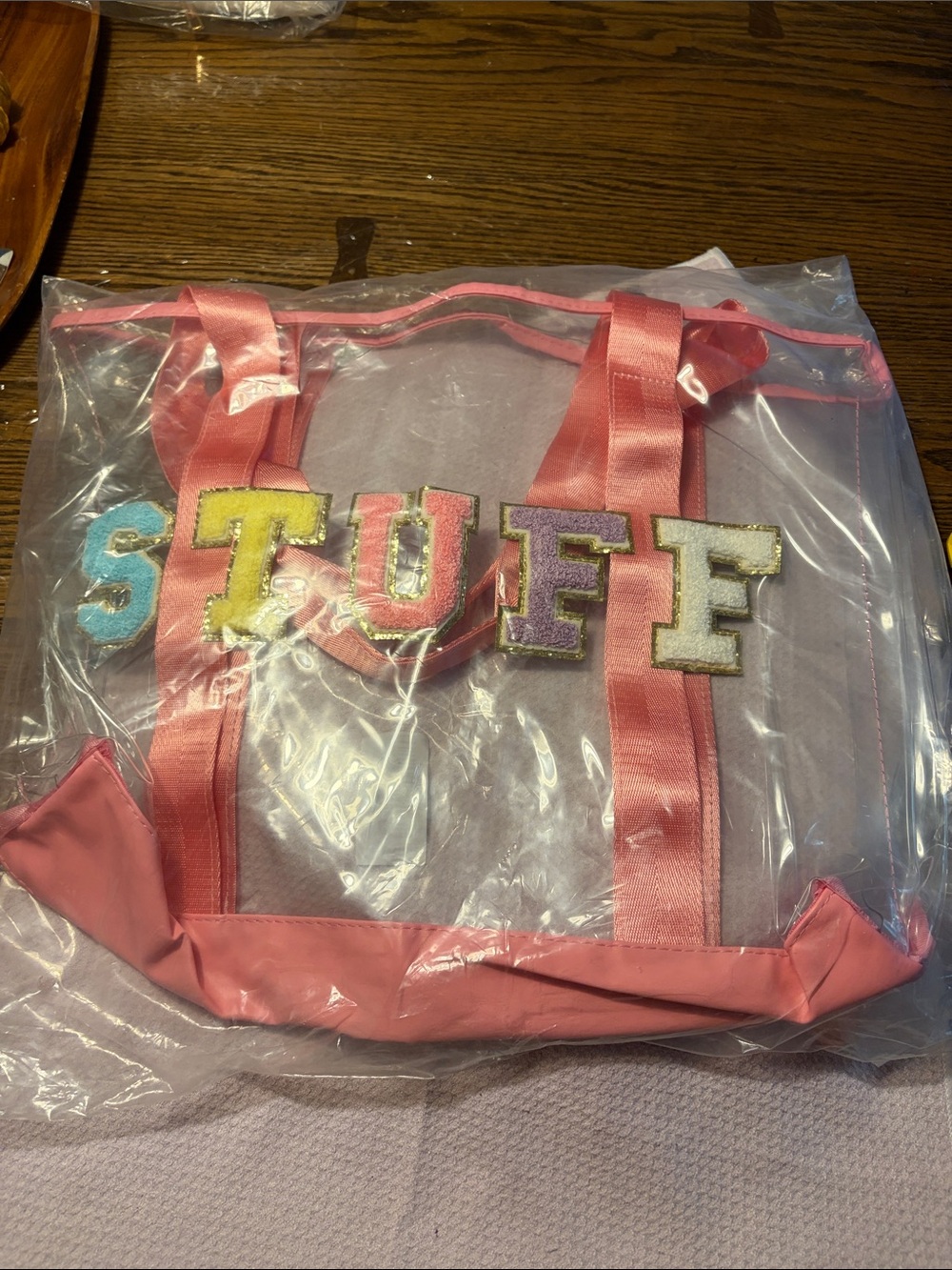 Clear Pink Tote Bag with Colorful 'STUFF' Lettering - Women's Bag